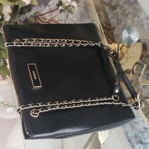 DKNY Shoulder Bag Black leather w/ gold straps 10.5" x 11.5"